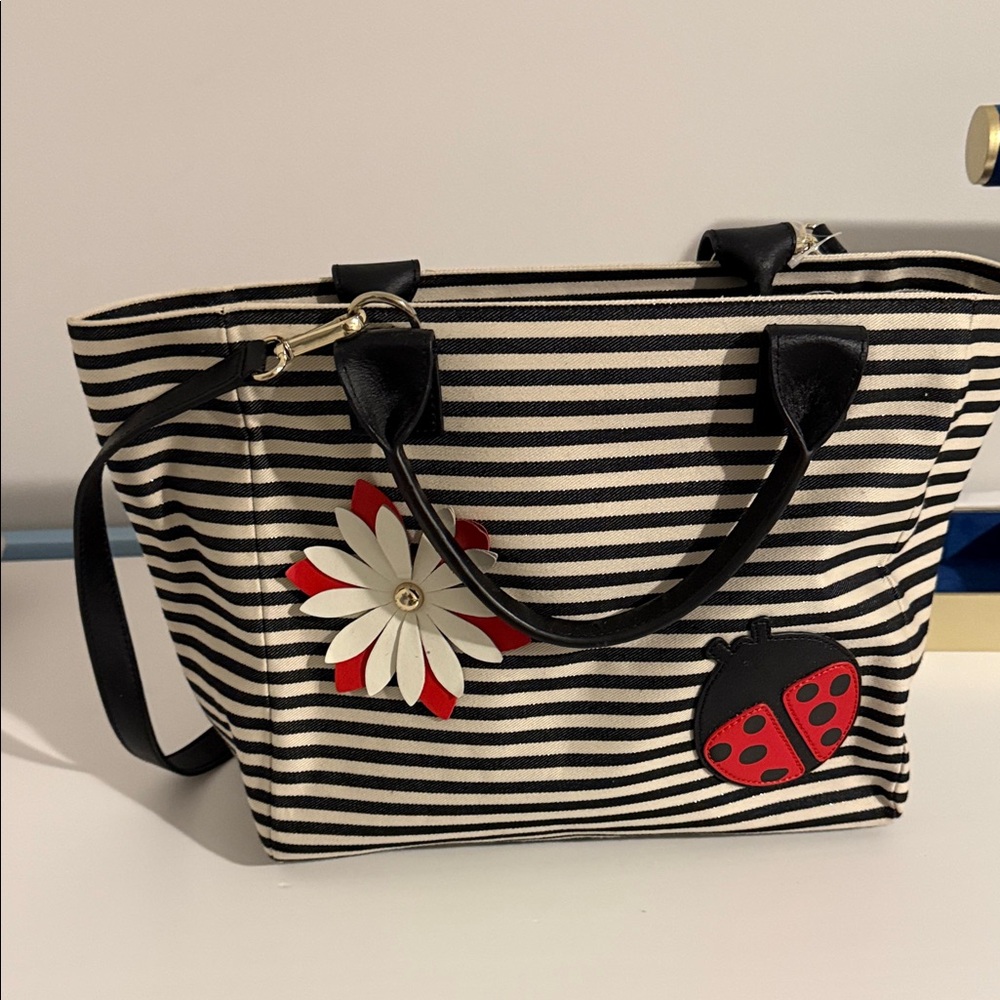 Talbots Black & White Striped Tote with Red Floral and Ladybug Accents